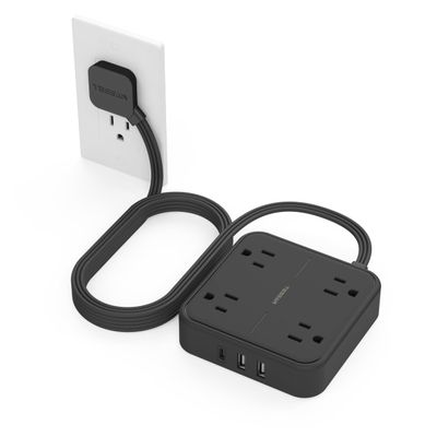 Surge Protector Flat Extension Cord 10FT, TESSAN Flat Plug Power Strip with 4 Outlets 3 USB Ports (1 USB C), 900 Joules Protection, Multiple Wall Outlet Extender Suitable for Home Office Dorm, Black