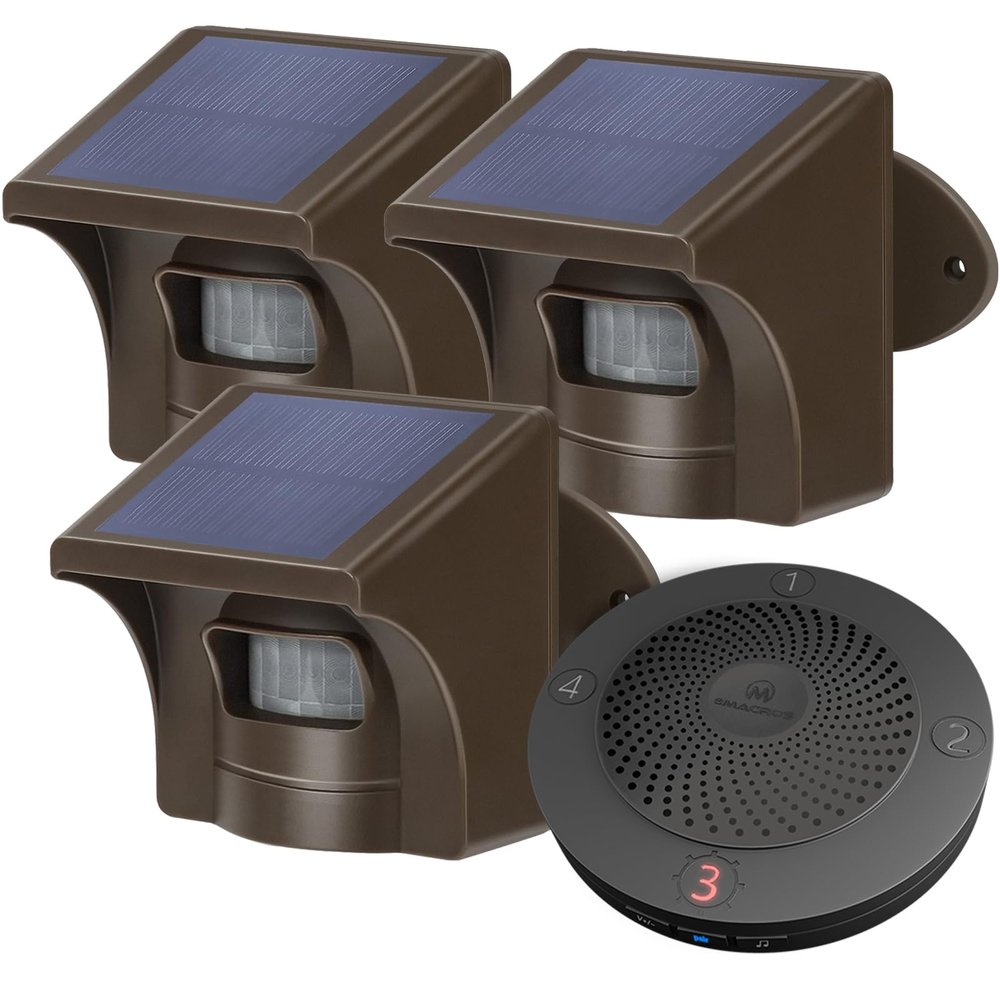 eMACROS Solar Wireless Driveway Alarm  1/2 Mile Long Range Motion Sensor for Long Driveways, Homes & Large Properties, Outdoor Weatherproof Security Alert System (1 Base Station with 3 Sensors)