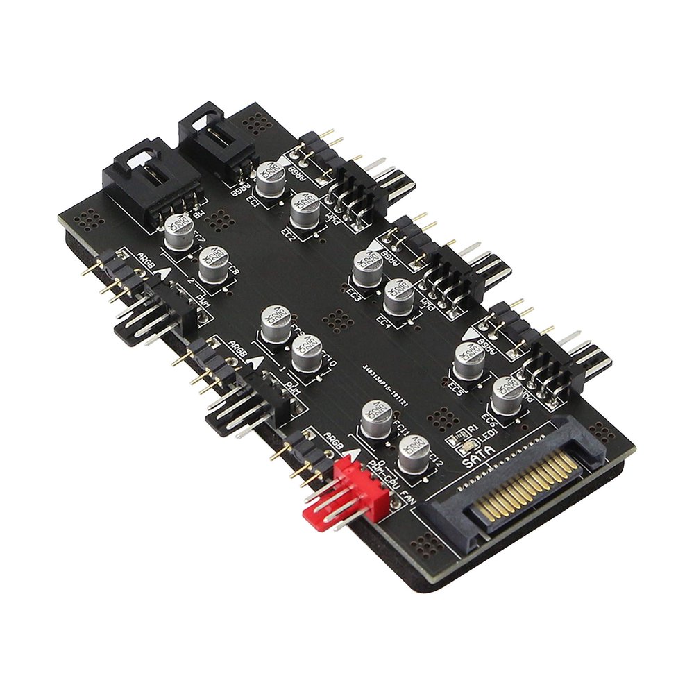12V 4Pin PWM & 5V 3Pin ARGB with SATA 15Pin Power 2-in-1 Hub 6 Way Sync CPU Cooling Fan Addressable RGB Lighting PCB Splitter for Extended Motherboard Interface -Black Compatible With Desktop