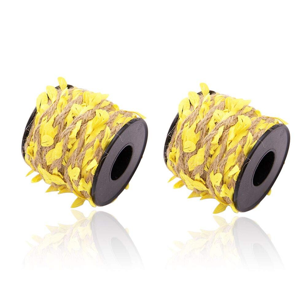 66 Feet Total Burlap Yellow Leaf Ribbon 2 Rolls 5mm Natural Jute Vine with Artificial Leaves Ribbon for Crafts Jungle Party Wedding Garden Home Decoration Twine