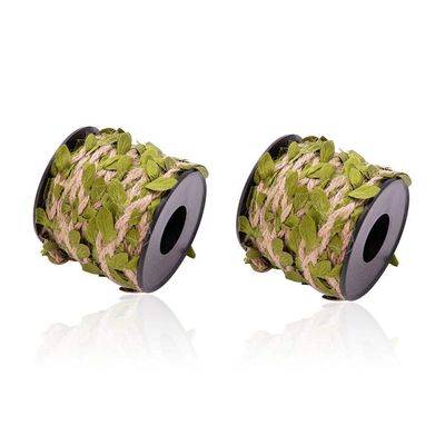 Burlap Leaf Ribbon 2 Rolls 66 Feet Total 5mm Natural Jute Twine with Artificial Green Leaves Braided Decorated Vine for Jungle Safari Party Wedding Garden Home Decor