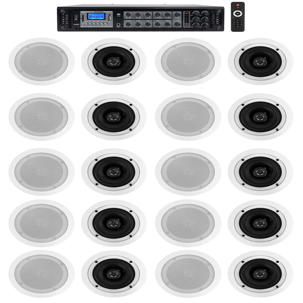 Rockville Commercial Amp+20 5.25" 2-Way White Ceiling Speakers 4 Hotel/Office