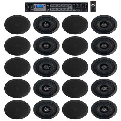 Rockville RCS350-6 Bundle: 350-Watt 6-Zone 70V Commercial Amplifier with Bluetooth, (10) Pair CC525T 5.25 in Black 70V Ceiling Speakers (2.5-20W Taps), for Hotel/Office System, 11-Items