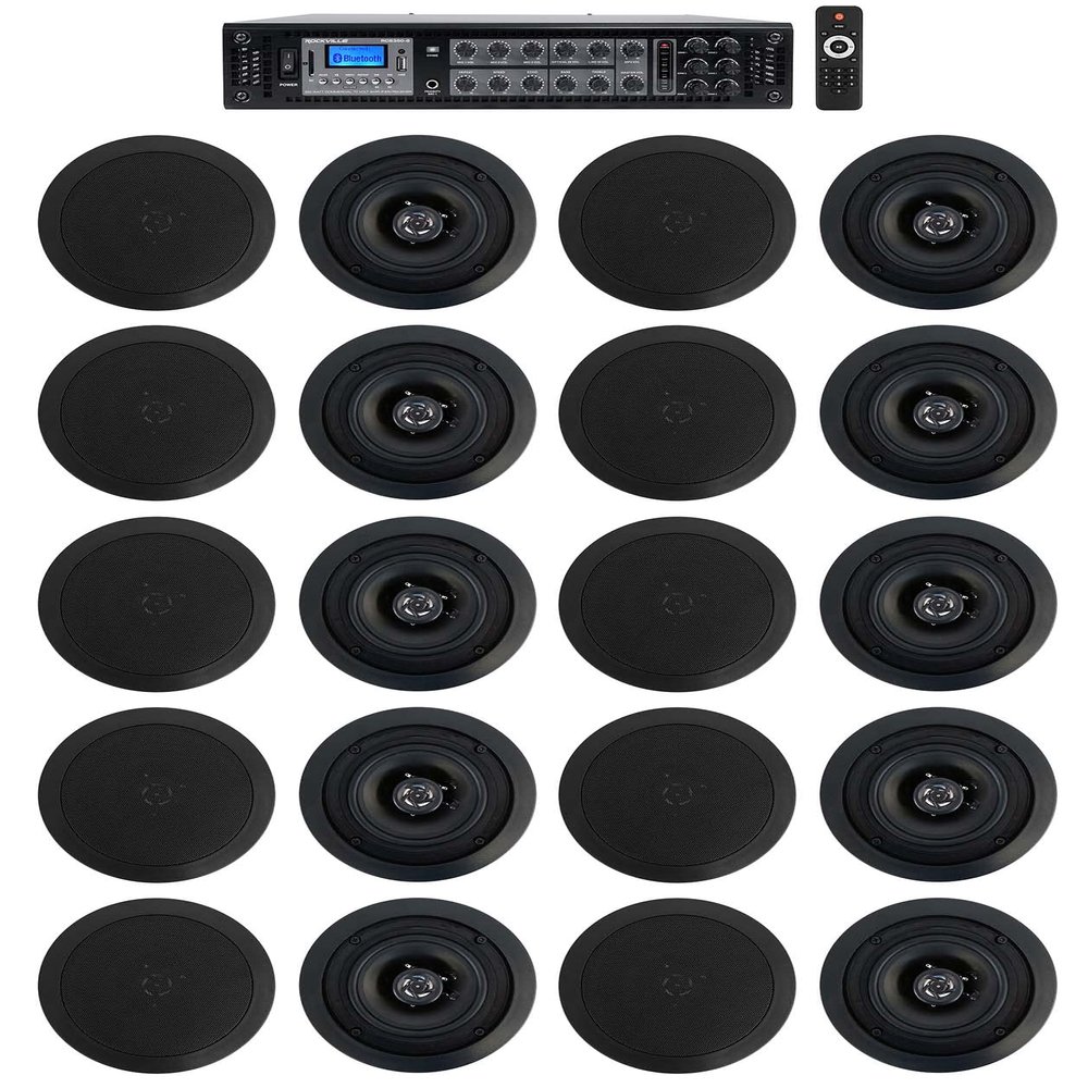 Rockville RCS350-6 Bundle: 350-Watt 6-Zone 70V Commercial Amplifier with Bluetooth, (10) Pair CC525T 5.25 in Black 70V Ceiling Speakers (2.5-20W Taps), for Hotel/Office System, 11-Items