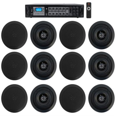Rockville CC525T Bundle: (6) Pair 5.25 in 2-Way 70V Ceiling Speakers Black, RCS180-6 6-Zone 180-Watt 70V Commercial Amplifier, Bluetooth Audio, 7-Items