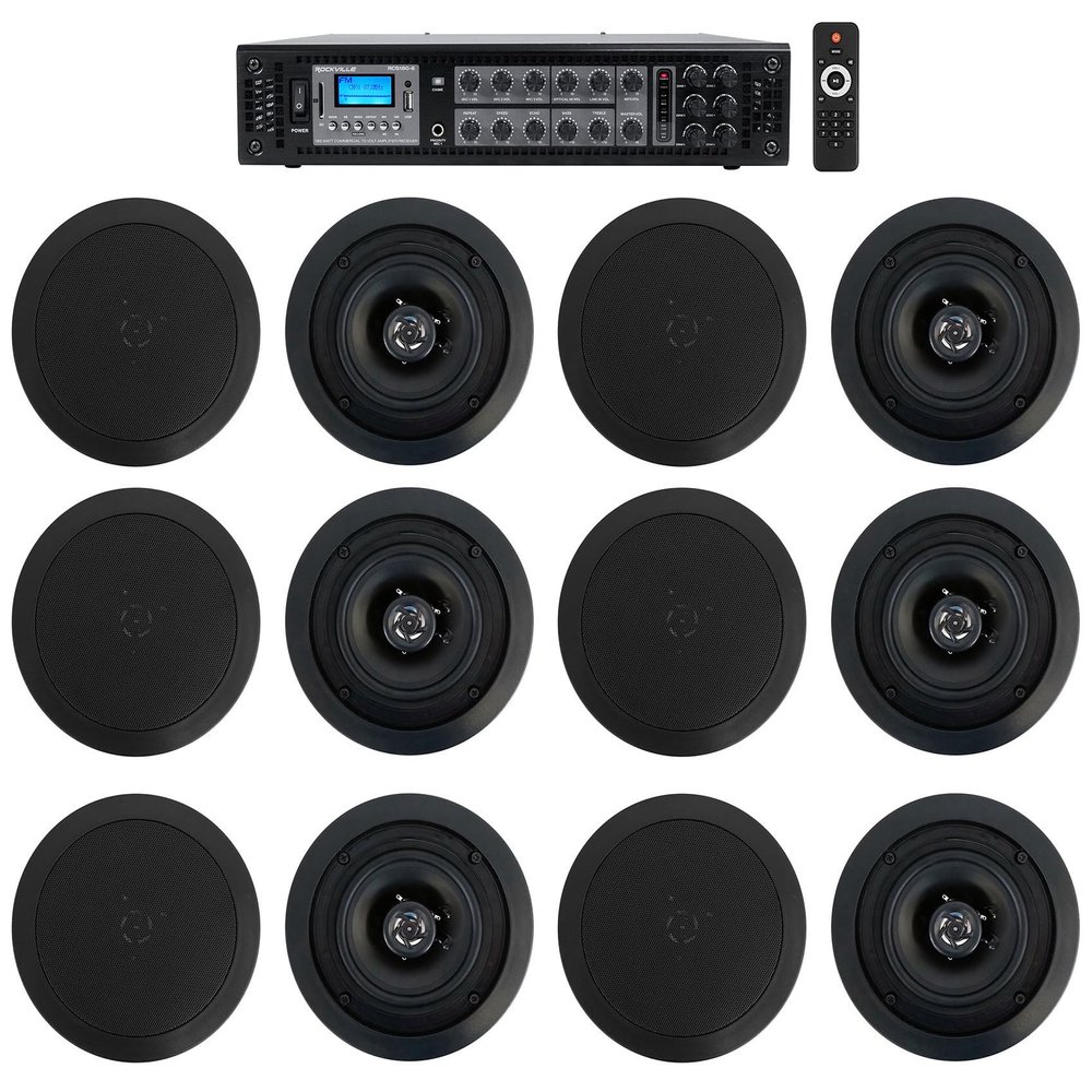 Rockville CC525T Bundle: (6) Pair 5.25 in 2-Way 70V Ceiling Speakers Black, RCS180-6 6-Zone 180-Watt 70V Commercial Amplifier, Bluetooth Audio, 7-Items