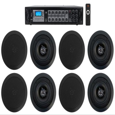 Rockville RCS180-6 Bundle: 180-Watt 6 Zone 70V Commercial Amplifier with Bluetooth, (4) Pair CC525T Black 5.25 in 2-Way 70V Ceiling Speakers, for Hotel/Office, 5-Items
