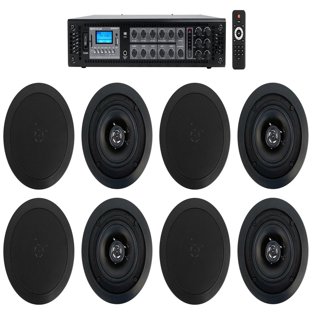Rockville RCS180-6 Bundle: 180-Watt 6 Zone 70V Commercial Amplifier with Bluetooth, (4) Pair CC525T Black 5.25 in 2-Way 70V Ceiling Speakers, for Hotel/Office, 5-Items