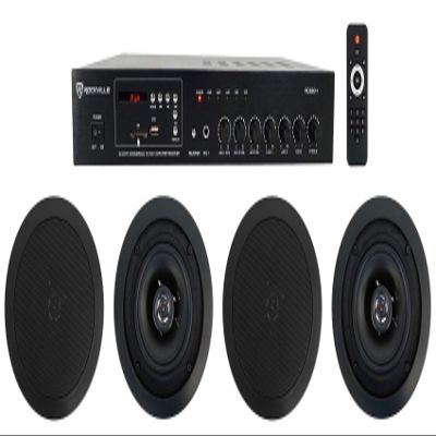 Rockville RCS80-1 Bundle: 60-Watt 70V Commercial Amplifier, Bluetooth Receiver, (4) CC525T Black 5.25 in Commercial 70V Ceiling Speakers for Restaurant, 5-Items