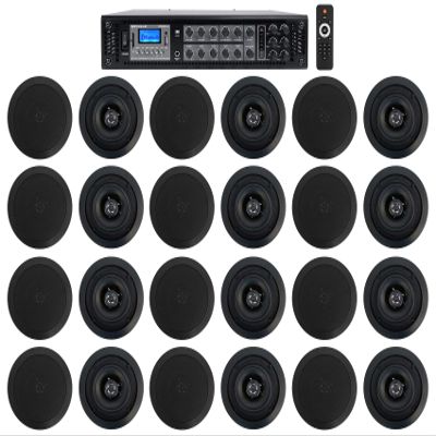 Rockville RCS350-6 Bundle: 350-Watt 6-Zone 70V Commercial Amplifier with Bluetooth, (12) Pair CC525T Black 5.25 in 2-Way Ceiling Speakers, 40W RMS (8 Ohm), 20W 70V Tap, 13-Items