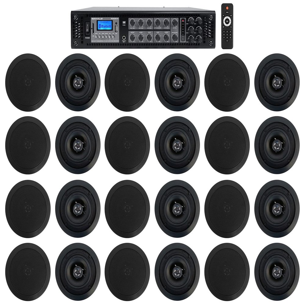 Rockville RCS350-6 Bundle: 350-Watt 6-Zone 70V Commercial Amplifier with Bluetooth, (12) Pair CC525T Black 5.25 in 2-Way Ceiling Speakers, 40W RMS (8 Ohm), 20W 70V Tap, 13-Items