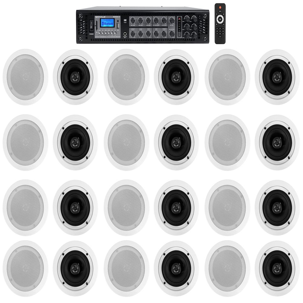 Rockville RCS350-6 Bundle: 350-Watt 6-Zone 70V Home Audio Amplifier, Bluetooth, (24) CC525T White 5.25 in Ceiling Speakers, for Multi-Room Home Use, 25-Items