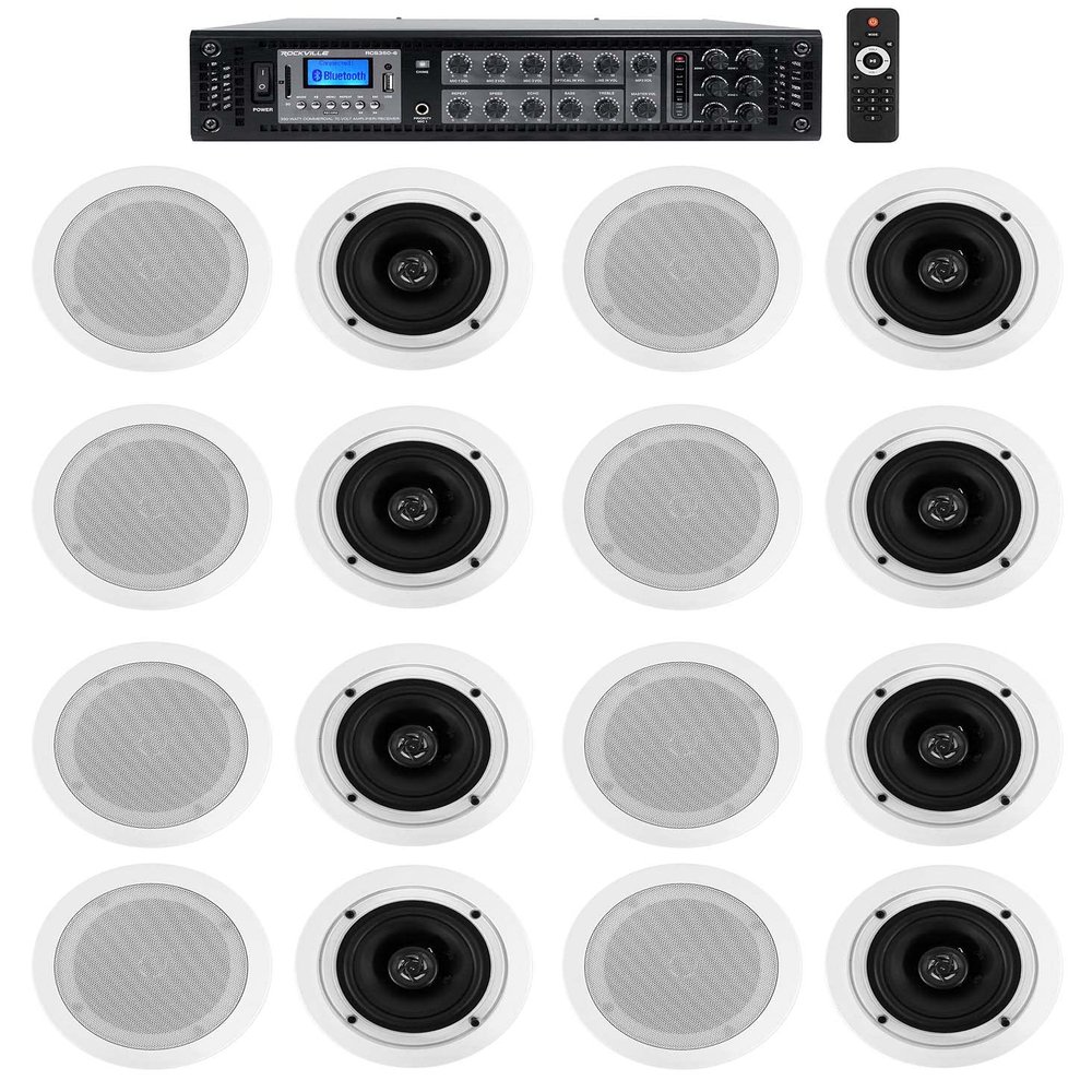 Rockville Home Audio System+(16) 5.25" White Bedroom/Living Room/Bathroom Ceiling Speakers