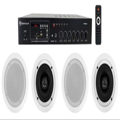 Rockville RCS80-1 Bundle: 60W 70V/100V Bluetooth Amplifier with USB/SD and Mic Inputs, (4) CC525T 5.25 in 40W 8 Ohm 70V in-Ceiling Commercial Speakers for Restaurants, Bars, Cafes, 5-Items
