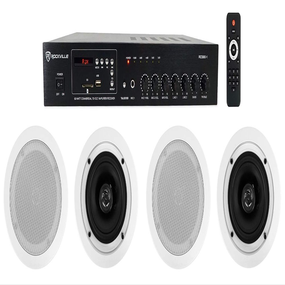 Rockville RCS80-1 Bundle: 60W 70V/100V Bluetooth Amplifier with USB/SD and Mic Inputs, (4) CC525T 5.25 in 40W 8 Ohm 70V in-Ceiling Commercial Speakers for Restaurants, Bars, Cafes, 5-Items