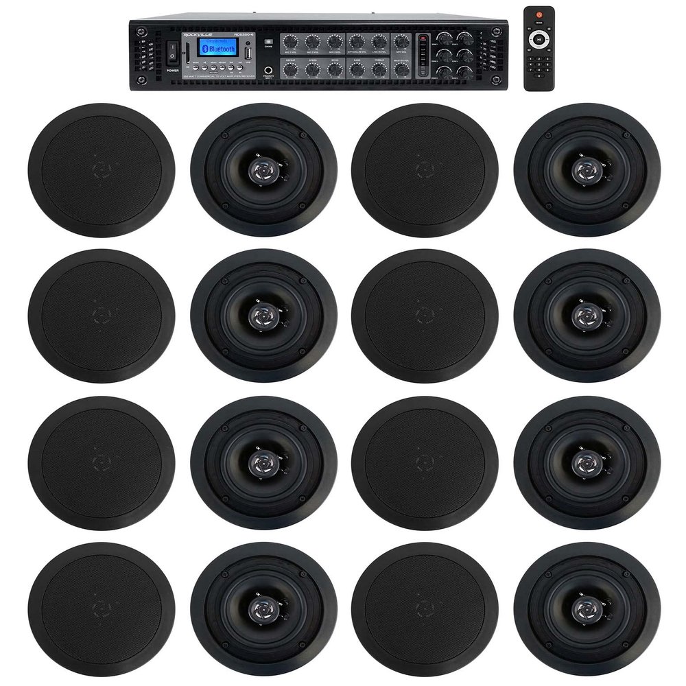 Rockville CC525T Bundle: (8) Pair 5.25 in 70V Commercial Ceiling Speakers, 40W (8 Ohm), RCS350-6 350-Watt 6-Zone Amplifier with Bluetooth, Restaurant Audio System, 9-Items
