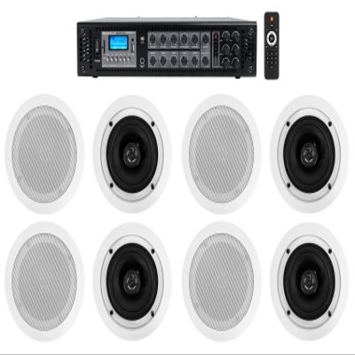 Rockville RCS180-6 Bundle: 180-Watt 6-Zone 70V Commercial Bluetooth Amplifier, (8) CC525T 5.25 in White Ceiling Speakers for Restaurant, Office, and Retail Audio Systems, 9-Items