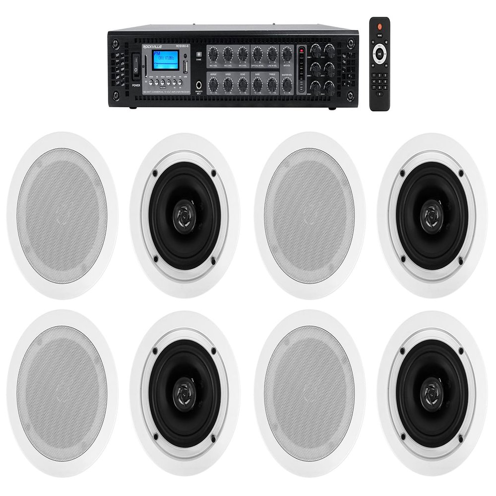 Rockville RCS180-6 Bundle: 180-Watt 6-Zone 70V Commercial Bluetooth Amplifier, (8) CC525T 5.25 in White Ceiling Speakers for Restaurant, Office, and Retail Audio Systems, 9-Items