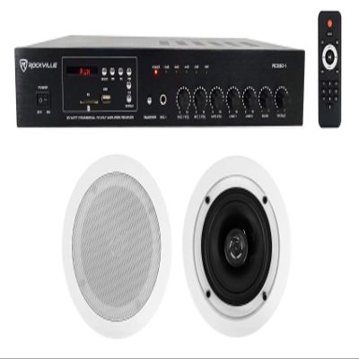 Rockville RCS80-1 Bundle: 60W 70V/100V Commercial Amplifier/Bluetooth Receiver, Pair of CC525T 5.25" 70V in-Ceiling Speakers White (Restaurant/Bar/Cafe), 2-Items