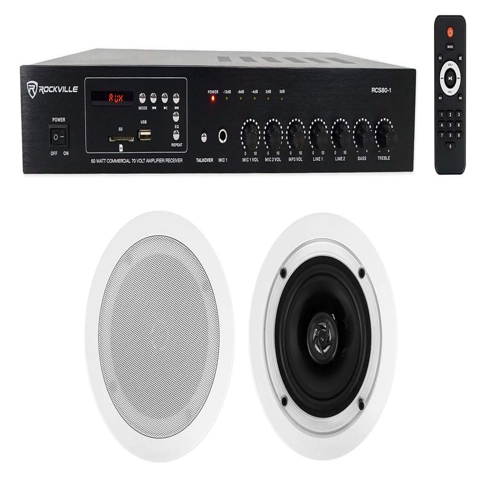 Rockville RCS80-1 Bundle: 60W 70V/100V Commercial Amplifier/Bluetooth Receiver, Pair of CC525T 5.25" 70V in-Ceiling Speakers White (Restaurant/Bar/Cafe), 2-Items