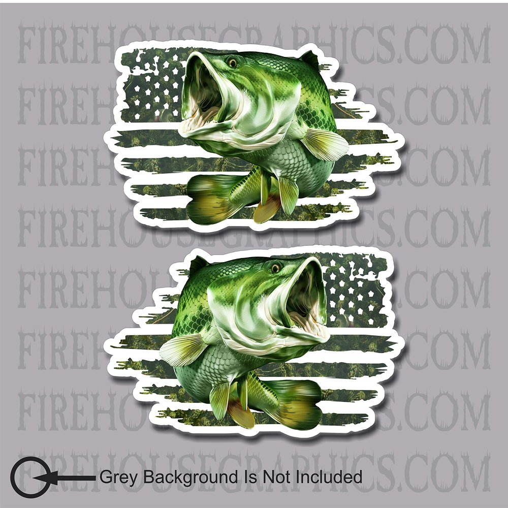 2 Pack of American Flag Largemouth Bass Fish Fishing Sticker Decal (2 Pack 6"x10")