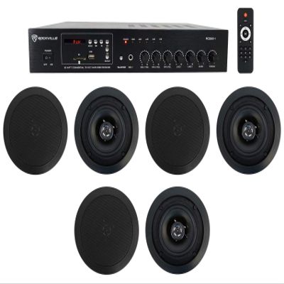 Rockville Commercial Amplifier+6 5.25" 2Way Black Ceiling Speakers 4 Restaurant