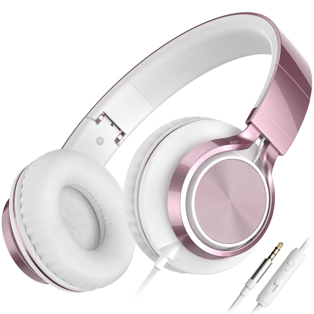 AILIHEN C8 Wired Headphones with Mic & Volume Control - Noise Isolating On-Ear Headphones for Girls School, Plug in Corded 3.5mm Headsets for Chromebook Laptop Computer PC Tablets Travel (Rose Gold)