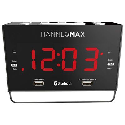 HANNLOMAX HX-131CR Alarm Clock Radio. PLL FM Radio, 1.2" Red LED Display, Bluetooth, USB Ports for 2.4A & 1A Charging/MP3 Playback, Night Light, AC Power Operation only.