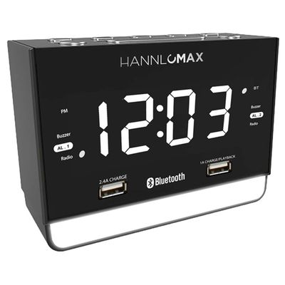 HANNLOMAX HX-131CR Alarm Clock Radio. PLL FM Radio, 1.2" White LED Display, Bluetooth, USB Ports for 2.4A & 1A Charging/MP3 Playback, Night Light, AC Power Operation only.