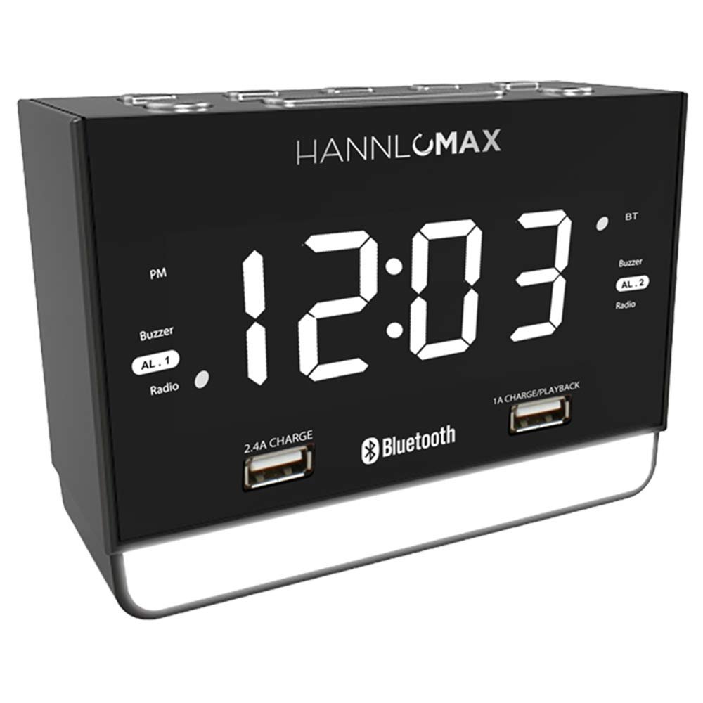 HANNLOMAX HX-131CR Alarm Clock Radio. PLL FM Radio, 1.2" White LED Display, Bluetooth, USB Ports for 2.4A & 1A Charging/MP3 Playback, Night Light, AC Power Operation only.