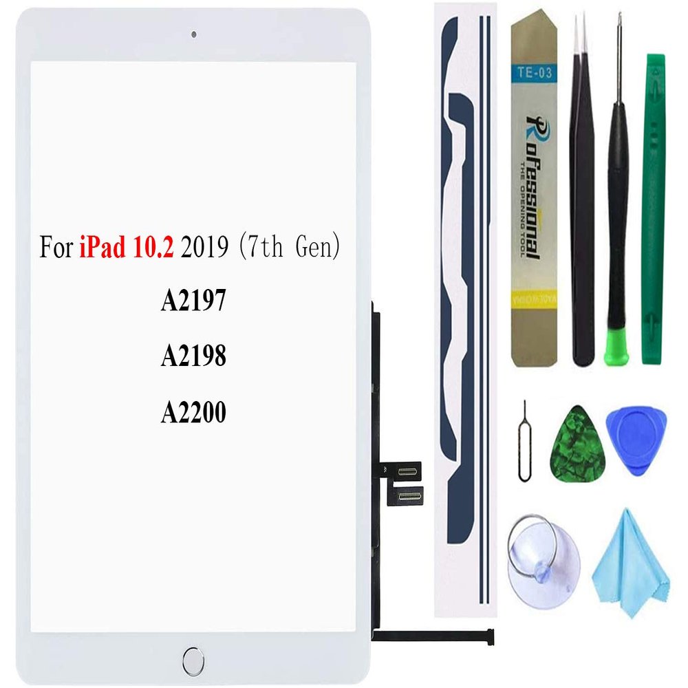 White Touch Screen Replacement Parts Digitizer Glass Assembly for iPad 7 7th Generation 2019 10.2 inch (A2197 A2198 A2200) with Home Button+Professional Tool Kit