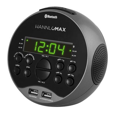 HANNLOMAX HX-129CR Alarm Clock Radio. PLL FM Radio, 0.6" Green LED Display, Bluetooth, USB Ports for 2.4A & 1A Charging/MP3 Playback (Grey)