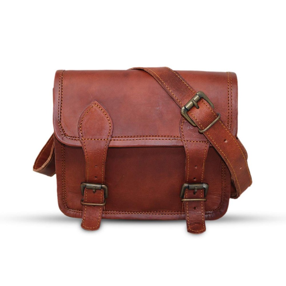 9" small Leather messenger bag shoulder bag cross body vintage messenger bag for women & men satchel man purse compatible with Ipad and tablet Brown