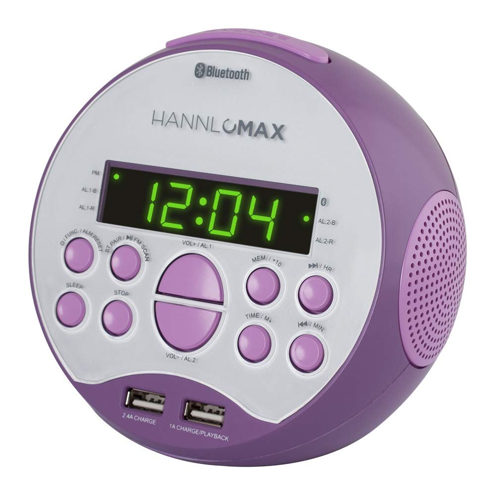 HANNLOMAX HX-129CR Alarm Clock Radio. PLL FM Radio, 0.6" Green LED Display, Bluetooth, USB Ports for 2.4A & 1A Charging/MP3 Playback (Purple)