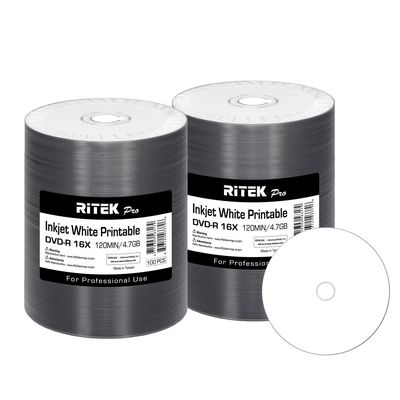 200 Pack Ritek Pro (Professional Grade) DVD-R 16X 4.7GB AZO Dye (MID MXL RG04) White Inkjet Hub Printable Blank Media Recordable Disc
