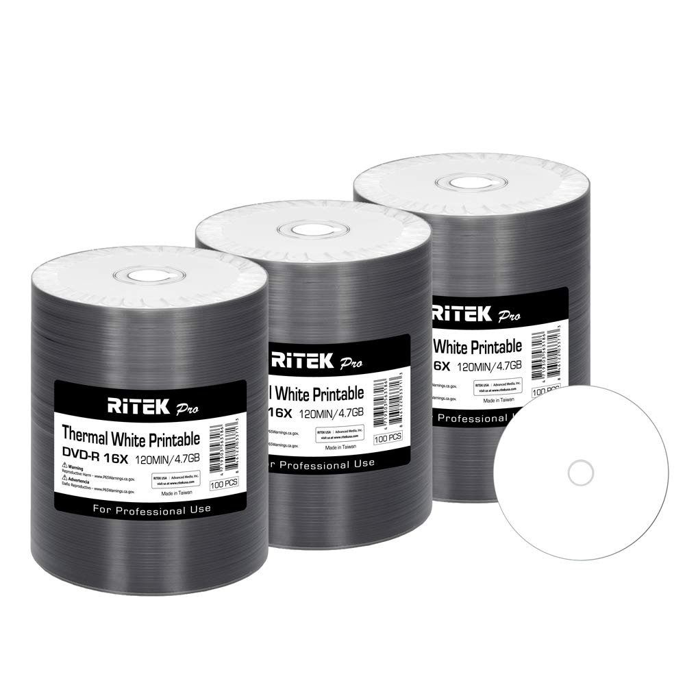 300 Pack Ritek Pro (Professional Grade) DVD-R 16X 4.7GB AZO Dye (MID MXL RG04) White Thermal Hub Printable Blank Media Recordable Disc
