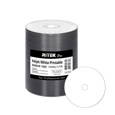 100 Ritek Pro DVD-R 4.7GB AZO Dye (MXL RG04) White Inkjet Printable Disc