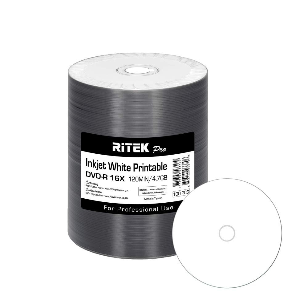 100 Ritek Pro DVD-R 4.7GB AZO Dye (MXL RG04) White Inkjet Printable Disc