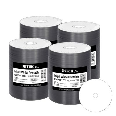 400 Pack Ritek Pro (Professional Grade) DVD-R 16X 4.7GB AZO Dye (MID MXL RG04) White Inkjet Hub Printable Blank Media Recordable Disc