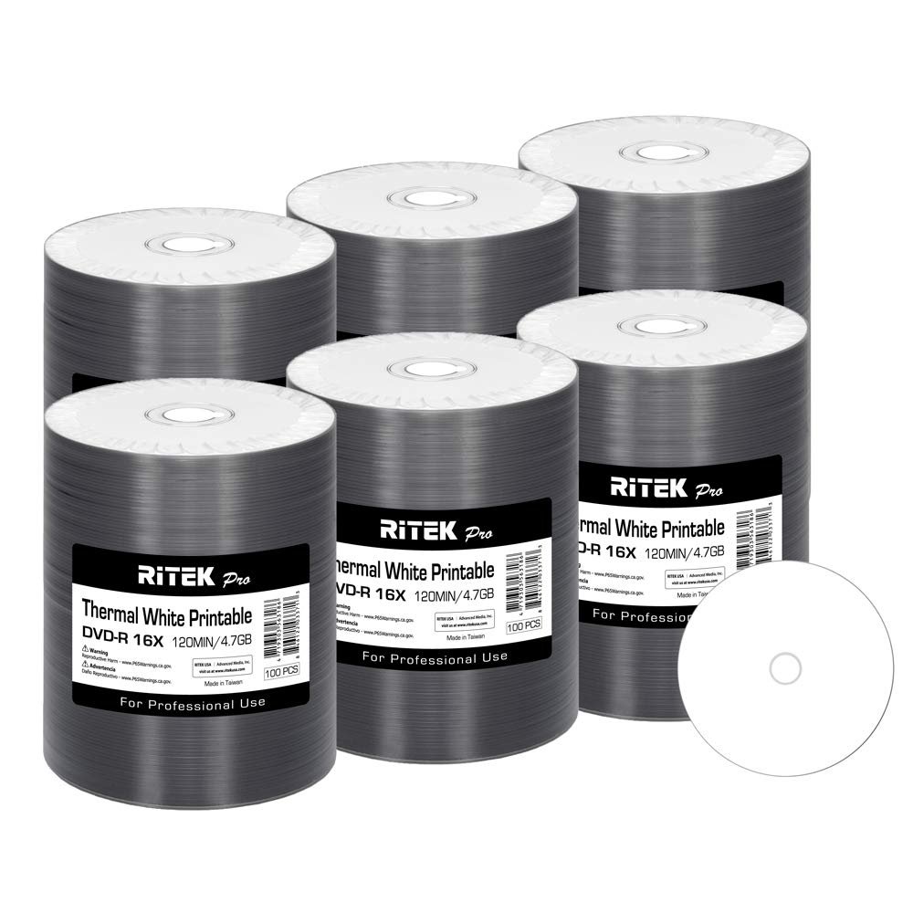 600 Pack Ritek Pro (Professional Grade) DVD-R 16X 4.7GB AZO Dye (MID MXL RG04) White Thermal Hub Printable Blank Media Recordable Disc