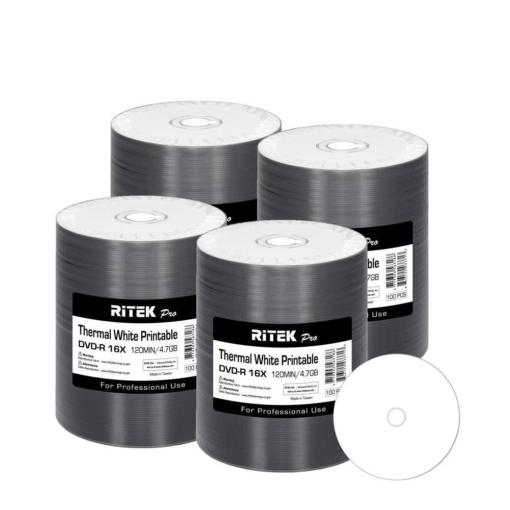 400 Pack Ritek Pro (Professional Grade) DVD-R 16X 4.7GB AZO Dye (MID MXL RG04) White Thermal Hub Printable Blank Media Recordable Disc