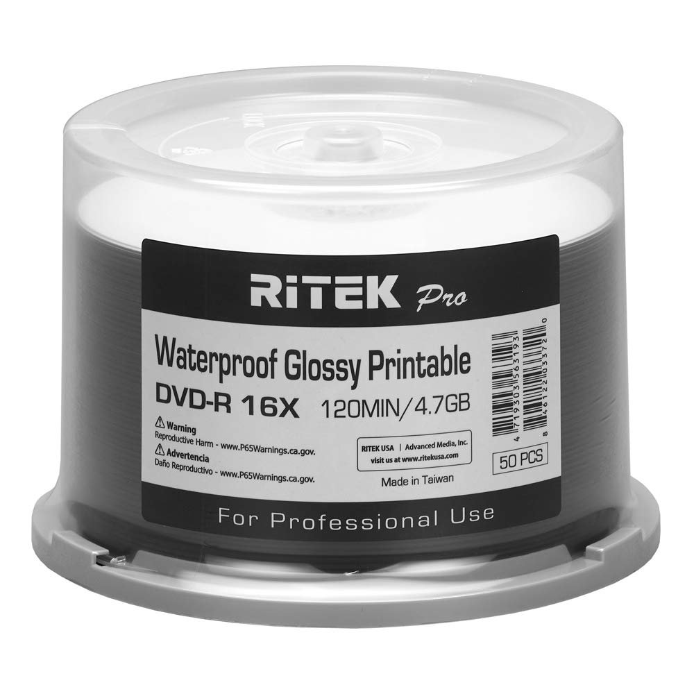 50 Pack Ritek Pro (Professional Grade) DVD-R 16X 4.7GB AZO Dye (MID MXL RG04) Watershield Water Resistant Glossy White Inkjet Hub Printable Blank Recordable Disc