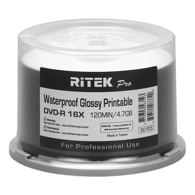 600 Pack Ritek Pro (Professional Grade) DVD-R 16X 4.7GB AZO Dye (MID MXL RG04) Watershield Water Resistant Glossy White Inkjet Hub Printable Blank Recordable Disc