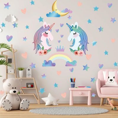 Cute Unicorn Wall Decal Stickers for Girls Bedroom, Removable Peel and Stick Large Size Unicorn Rainbow Wall Decor for Girls Kids Bedroom Nursery Christmas Birthday Party Decoration