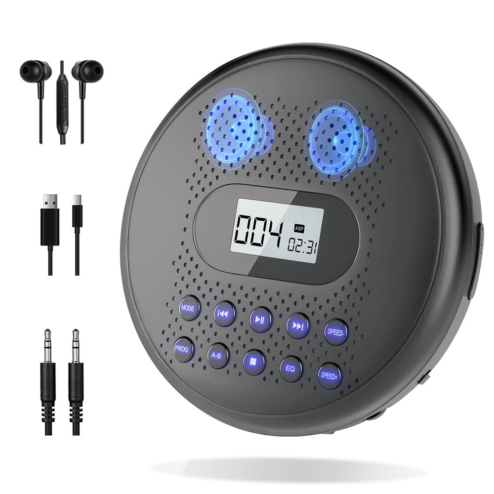 ARAFUNA Portable CD Player with Dual Stereo Speakers, Rechargeable CD Player for Car with Anti-Skip Protection, Headphones and AUX Cable Backlight Buttons
