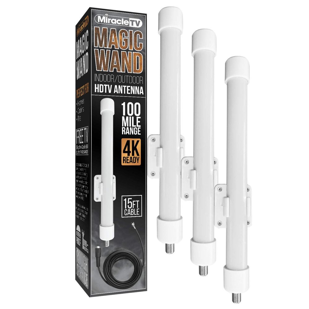 Miracle LED Magic Wand Omnidirectional Indoor Outdoor TV Antenna W/ 100 Mile Range Free HDTV 4K Ready OTA Antenna with Wall Mount (3-Pack)