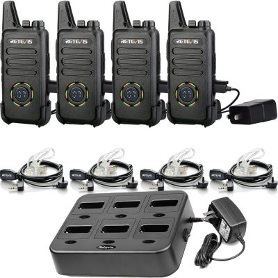 Retevis RT22S 2 Way Radios(4 Pack) Bundle with Six-Way Charger(1 Pack), Rechargeable Walkie Talkies with Headset Long Range Channel Display Lock Emergency Alarm Signal Prompt VOX
