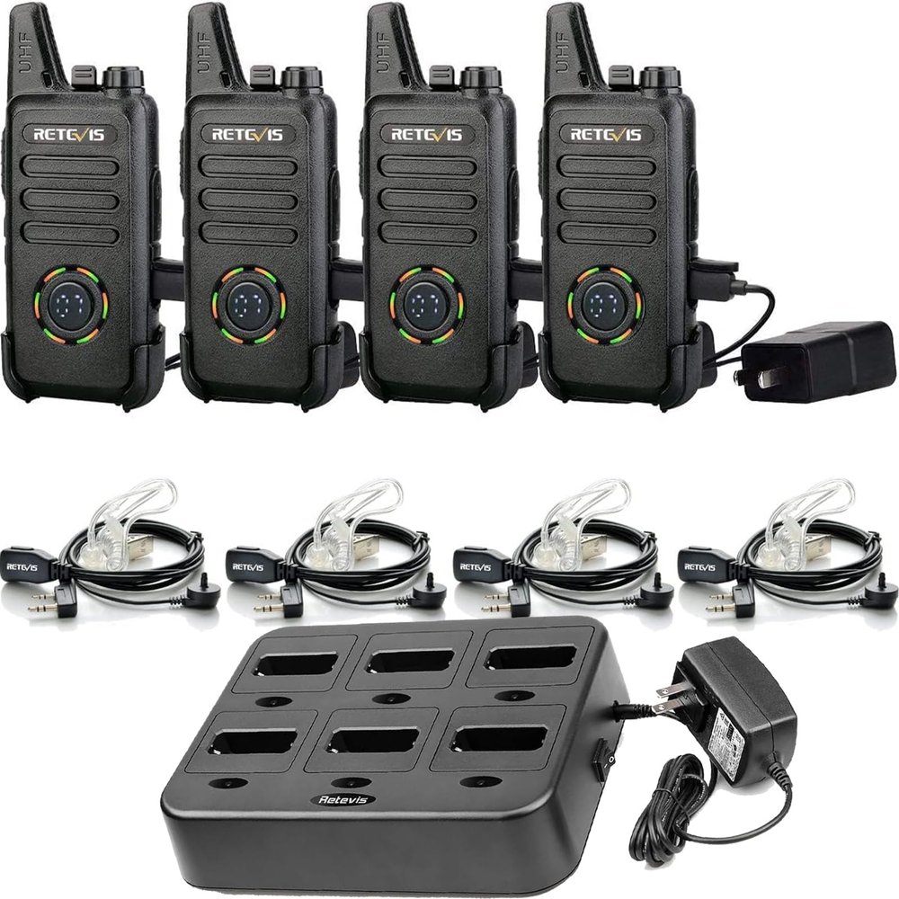 Retevis RT22S 2 Way Radios(4 Pack) Bundle with Six-Way Charger(1 Pack), Rechargeable Walkie Talkies with Headset Long Range Channel Display Lock Emergency Alarm Signal Prompt VOX