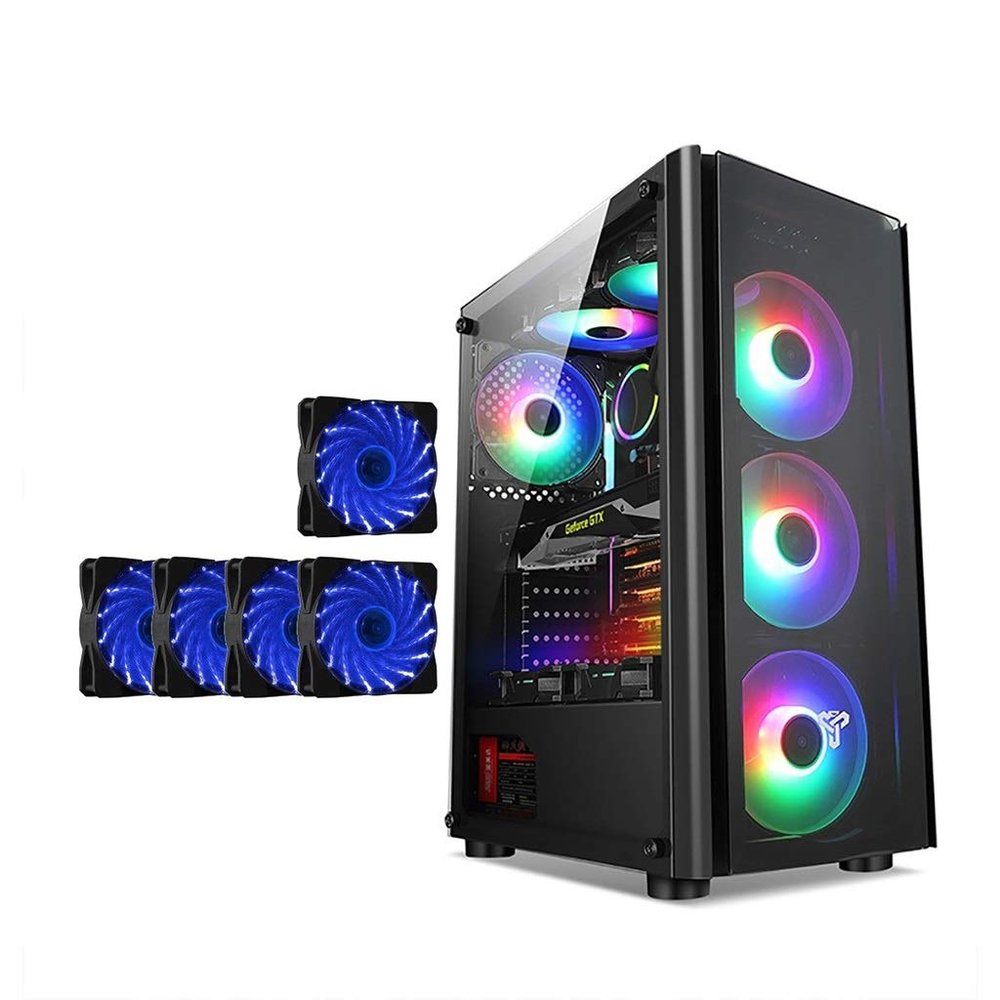 HDYD ATX Case, Mid-Tower PC Gaming Case ATX/M-ATX/ITX - Front I/O USB 3.0 Port - Fully Transparent Side Panels - Support Water Cooling - with Blue Fan (Size : 5 Fan)