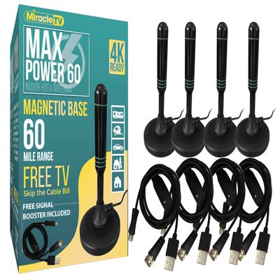 Miracle LED TV MAX Power 60 Magnetic Base Digital HDTV Antenna for Indoor - 60 Mile Range HD 4K Ready with Signal Amplifier Free - Clear Channel Reception 15ft Cable (4-Pack)